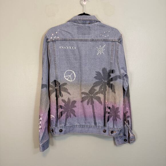 Brooklyn Cloth Co. Trucker Jean Jacket Mens M Blue Denim Graffiti Palm Tropical - Picture 2 of 8